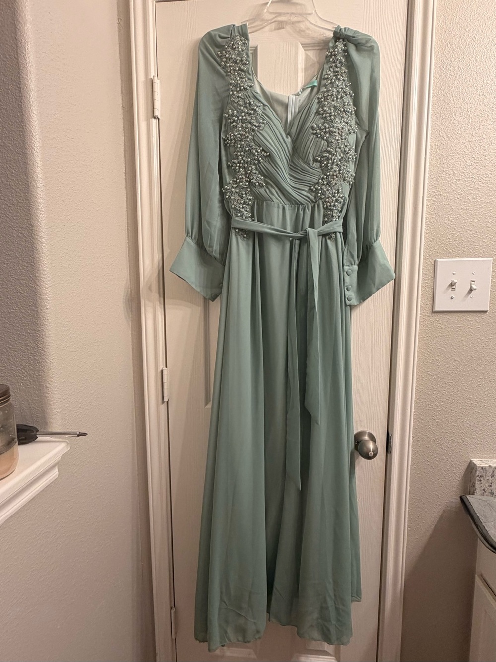 Embellished Sage Green Long Sleeve Maxi Dress